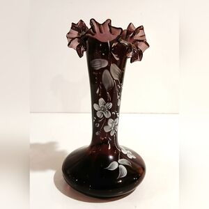 Victorian Amethyst Ruffled Blown Glass Bud Vase with Hand-Painted White Flowers